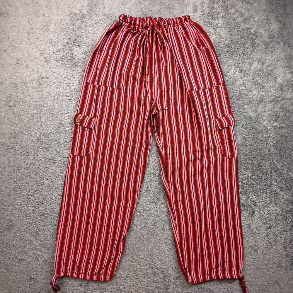 Boho Hippie Striped Knit Pants Cargo Pockets Red Womens S/M Drawstring Elastic